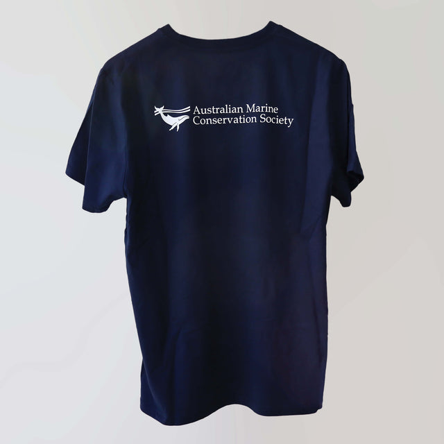 'End Offshore Fossil Fuels' organic cotton, navy t-shirt (back) with Australian Marine Conservation Society logo in white.