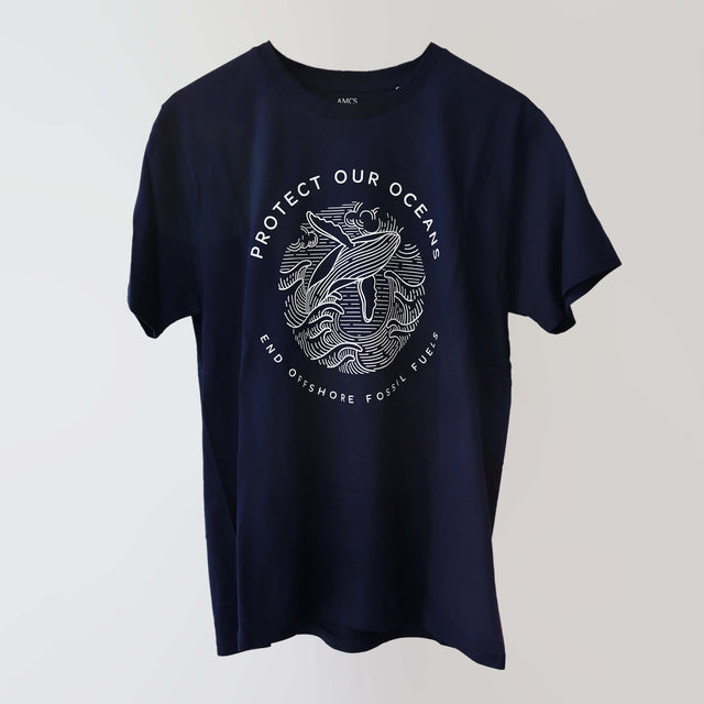 'End Offshore Fossil Fuels' organic cotton, navy t-shirt (front) with line artwork of a humpback whale, and 'protect our oceans' and 'end offshore fossil fuels' text in white.