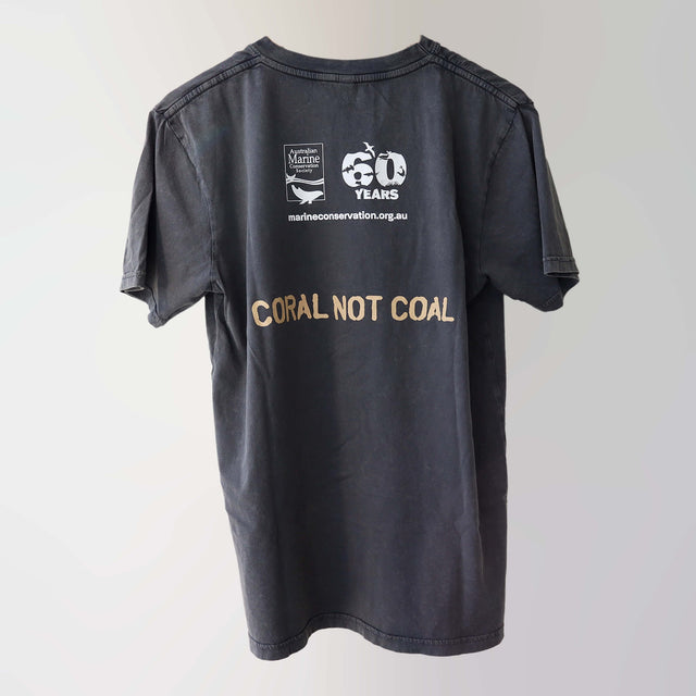 Era 2010s organic cotton, short sleeve, charcoal t-shirt (back) with a white print of the “Coral not coal” campaign slogan and AMCS 60 years logo.