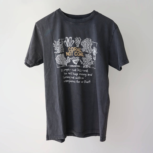 Era 2010s organic cotton, short sleeve, charcoal t-shirt (front) with a white print of the “Coral not coal” campaign slogan and illustration of coral.