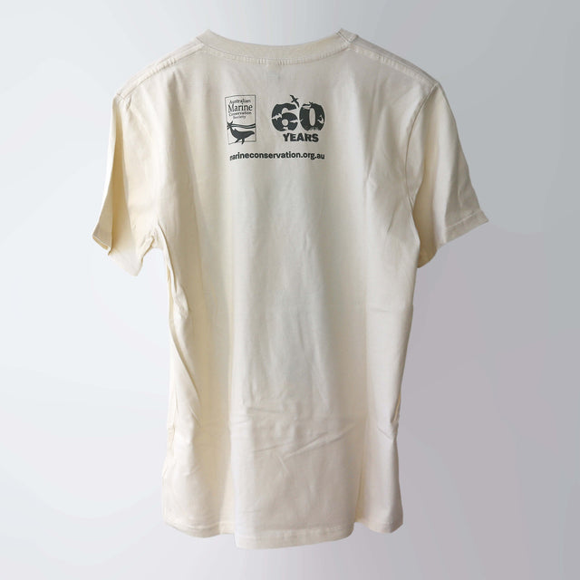 Era 1970s organic cotton, short sleeve, beige t-shirt (back) with AMCS 60 years logo print.