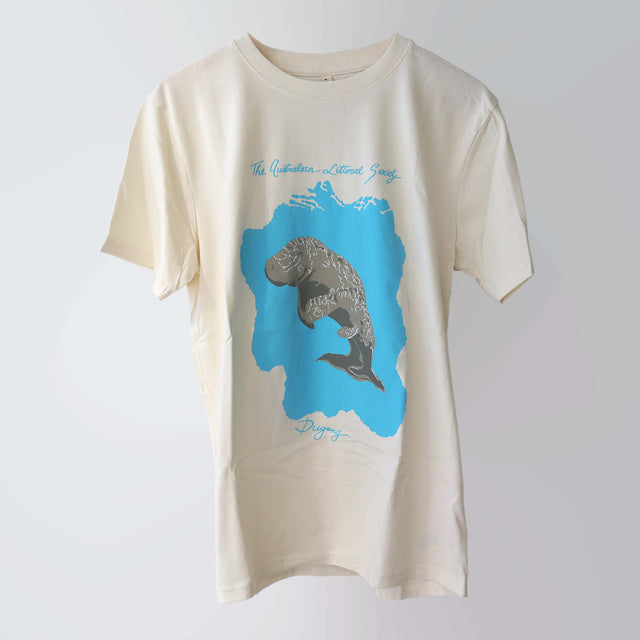 Era 1970s organic cotton, short sleeve, beige t-shirt (front) with print of a dugong on bright blue water.