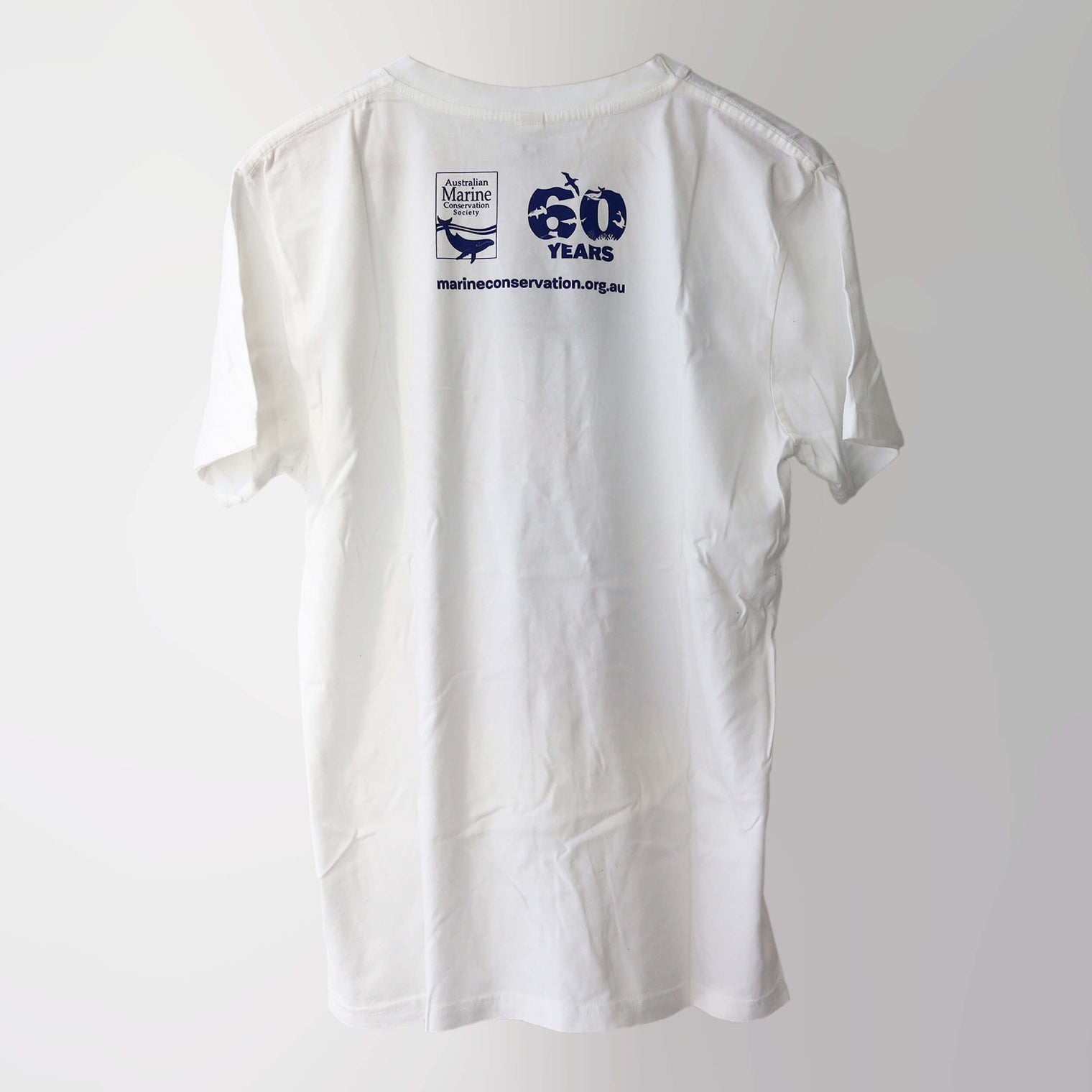 Era 1990s organic cotton, short sleeve, white t-shirt (back) with AMCS 60 years logo. 