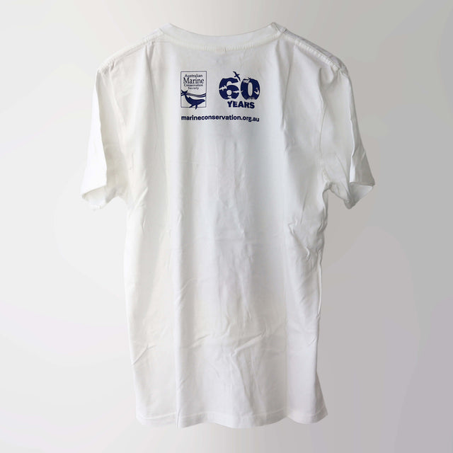 Era 1990s organic cotton, short sleeve, white t-shirt (back) with AMCS 60 years logo. 