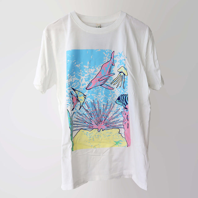Era 1990s organic cotton, short sleeve, white t-shirt (front) with a pastel art print of marine wildlife underwater in the ocean by artist Susi Blackwell. 