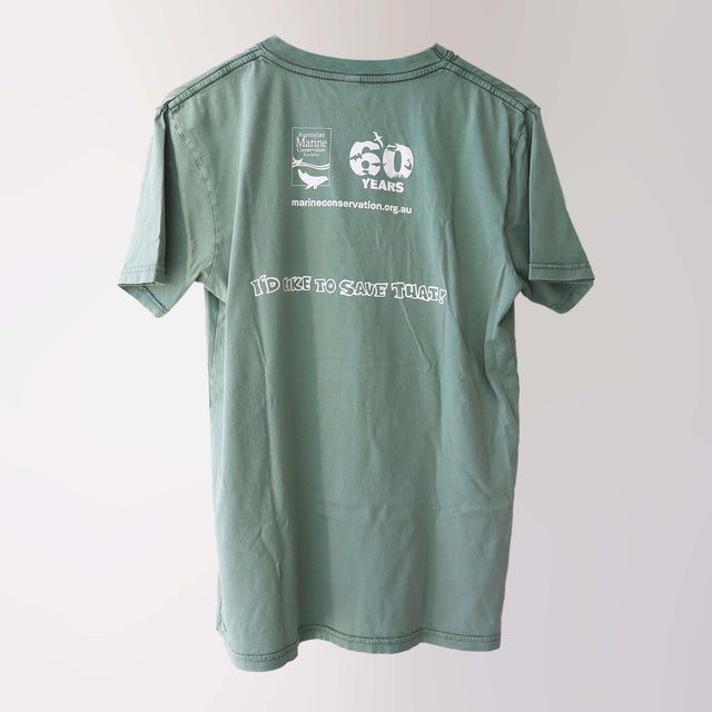 Era 2000s organic cotton, short sleeve, sage t-shirt (back) with a white print of a seahorse, lettering “I’d like to save that!” and AMCS 60 years logo.