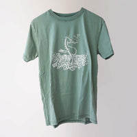 Era 2000s organic cotton, short sleeve, sage t-shirt (front) with a white print of a seahorse and lettering “A species where the male gives birth?”.