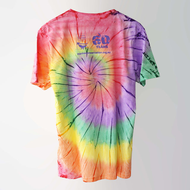 Era 1960s organic cotton, short sleeve, tie-dye t-shirt (back) with AMCS 60 years logo print.