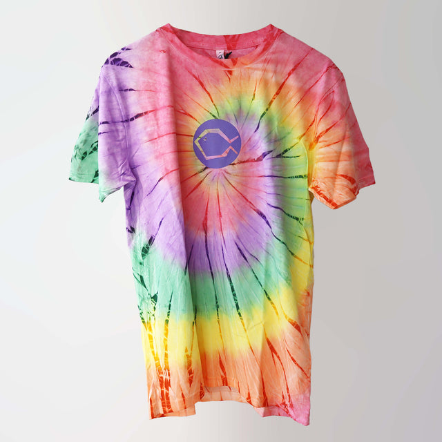 Era 1960s organic cotton, short sleeve, tie-dye t-shirt (front) with a purple print of a fish—our original logo, when we were formally known as the Queensland Littoral Society.