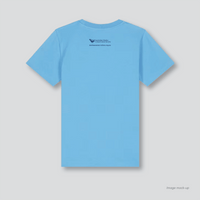 Fragile Oceans aqua blue, organic cotton kids t-shirt (back) with a screen print of the Australian Marine Conservation Society's logo.
