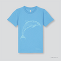 Fragile Oceans aqua blue, organic cotton kids t-shirt with a screen print of a dolphin.