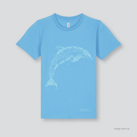 Fragile Oceans aqua blue, organic cotton kids t-shirt with a screen print of a dolphin.