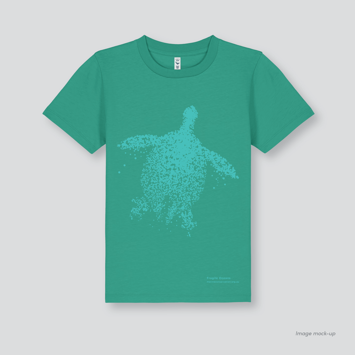 Fragile Oceans bright green, organic cotton kids t-shirt with a screen print of a sea turtle.