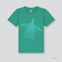 Fragile Oceans bright green, organic cotton kids t-shirt with a screen print of a sea turtle.