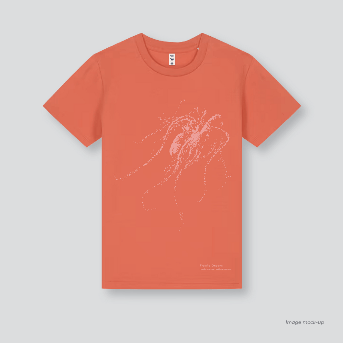 Fragile Oceans bright orange, organic cotton kids t-shirt with a screen print of an octopus.