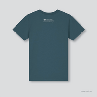 Fragile Oceans deep teal, organic cotton kids t-shirt (back) with a screen print of the Australian Marine Conservation Society's logo.