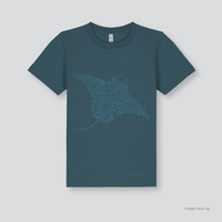 Fragile Oceans deep teal, organic cotton kids t-shirt with a screen print of a manta ray.