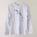Fragile Oceans organic cotton, long sleeve, white t-shirt with albatross print rendered in water bubbles.