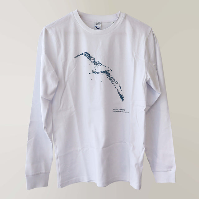 Fragile Oceans organic cotton, long sleeve, white t-shirt with albatross print rendered in water bubbles.