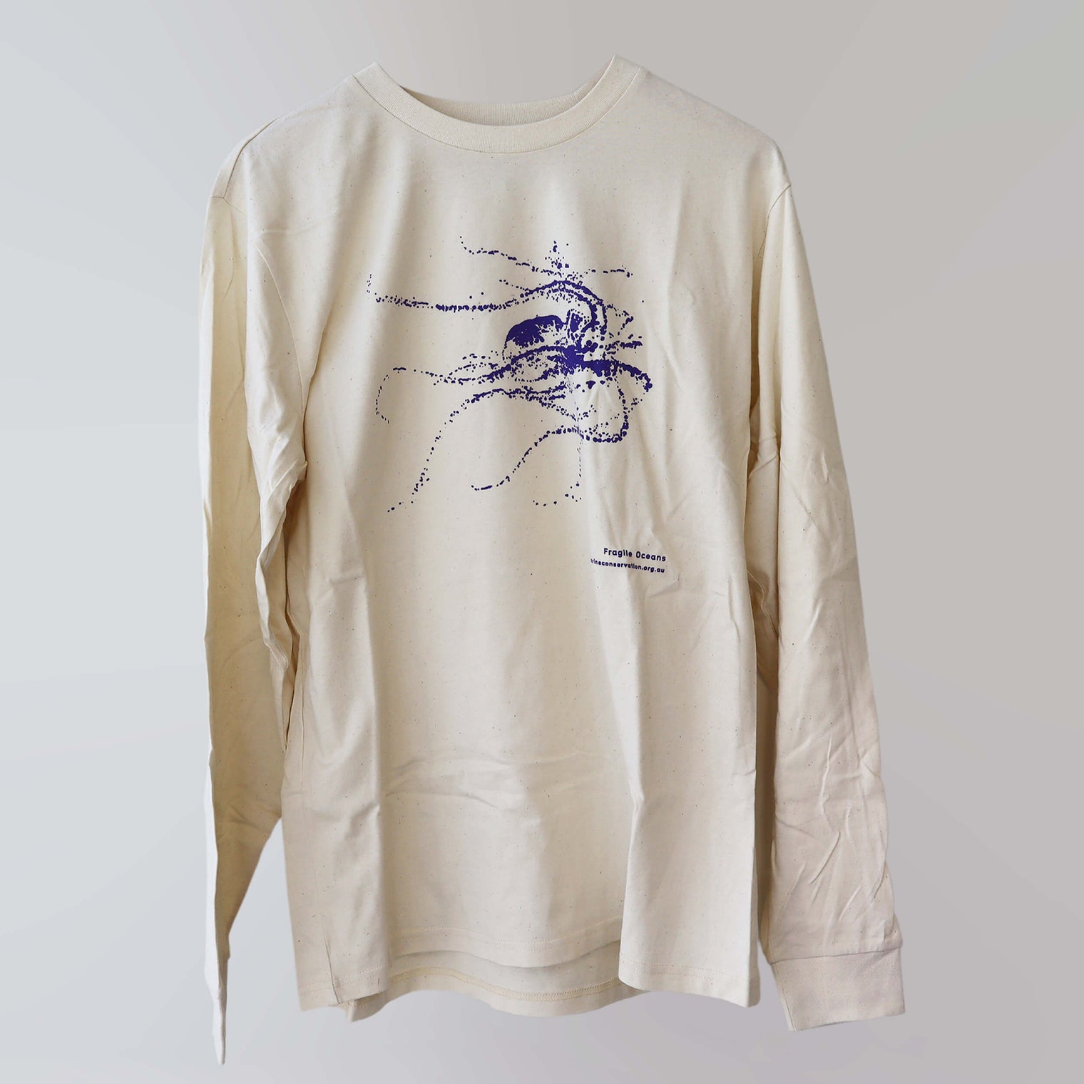 Fragile Oceans organic cotton, long sleeve, sand t-shirt with octopus print rendered in water bubbles.