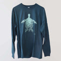 Fragile Oceans organic cotton, long sleeve, teal t-shirt with turtle print rendered in water bubbles.