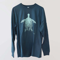 Fragile Oceans organic cotton, long sleeve, teal t-shirt with turtle print rendered in water bubbles.