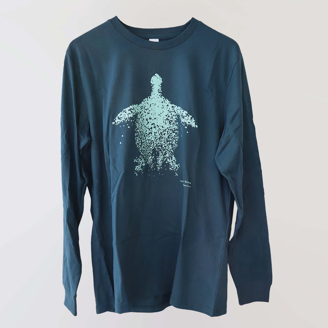 Fragile Oceans organic cotton, long sleeve, teal t-shirt with turtle print rendered in water bubbles.