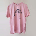 Fragile Oceans organic cotton, short sleeve, pink t-shirt with dolphin print rendered in water bubbles.