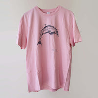 Fragile Oceans organic cotton, short sleeve, pink t-shirt with dolphin print rendered in water bubbles.