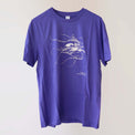 Fragile Oceans organic cotton, short sleeve, purple t-shirt with octopus print rendered in water bubbles.