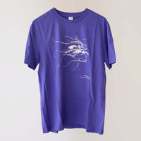 Fragile Oceans organic cotton, short sleeve, purple t-shirt with octopus print rendered in water bubbles.