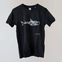 Fragile Oceans organic cotton, short sleeve, black t-shirt with shark print rendered in water bubbles.