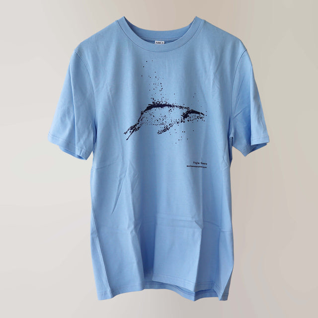 Fragile Oceans organic cotton, short sleeve, blue t-shirt with whale print rendered in water bubbles.