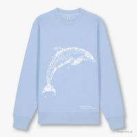 Fragile Oceans light blue, organic cotton sweatshirt with a white screen print of a dolphin.