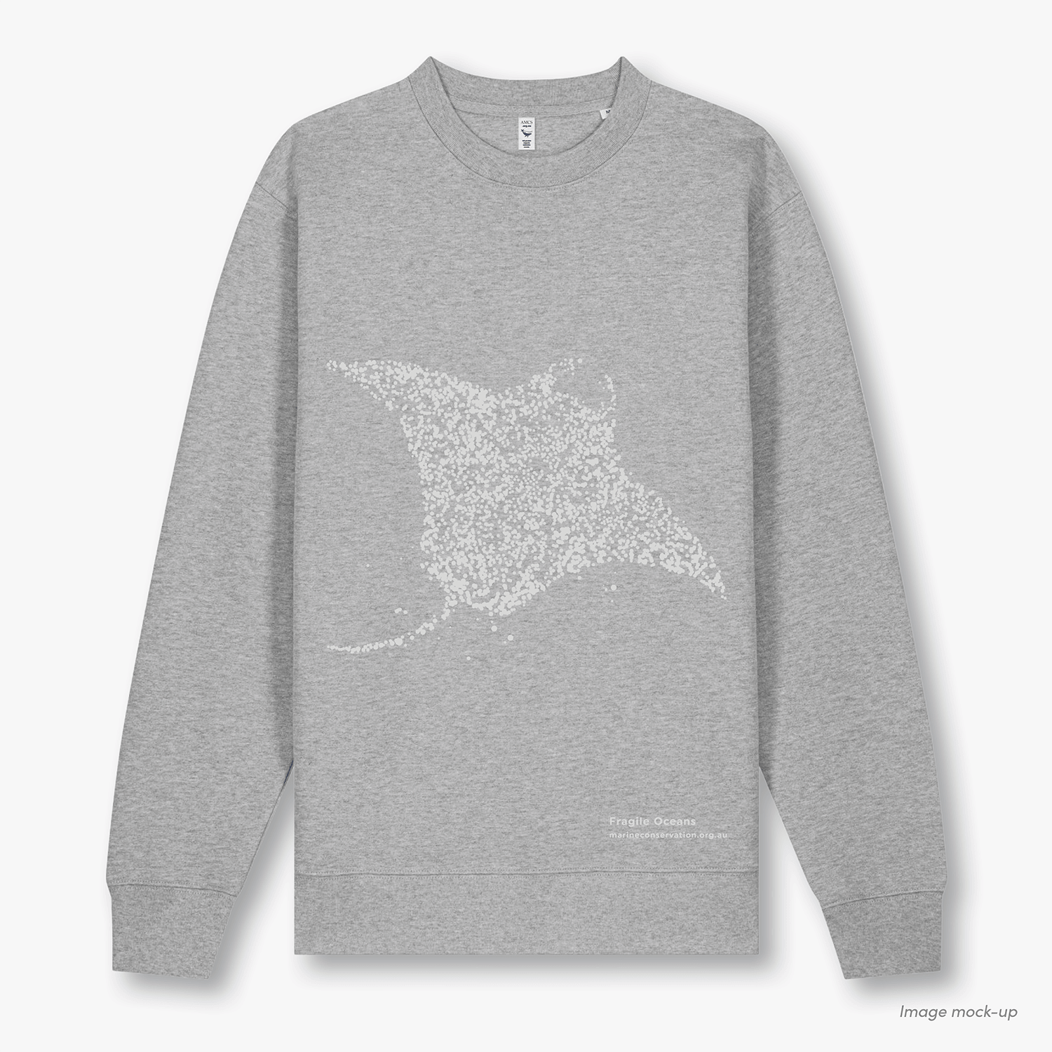 Fragile Oceans heather grey, organic cotton sweatshirt with a light grey screen print of a manta ray.