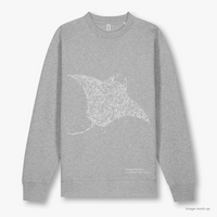 Fragile Oceans heather grey, organic cotton sweatshirt with a light grey screen print of a manta ray.