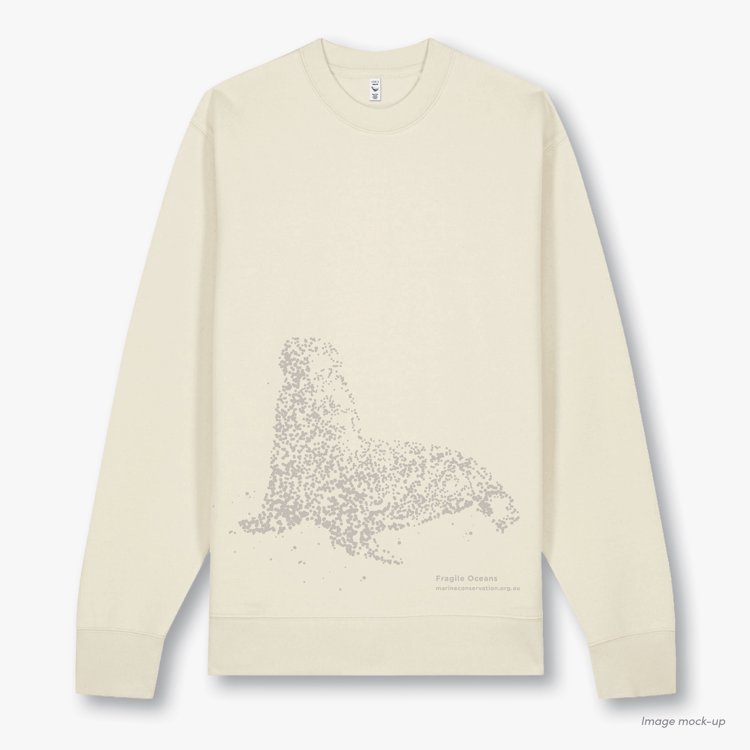 Fragile Oceans natural-coloured, organic cotton sweatshirt with a light brown screen print of an Australian sea lion.