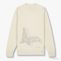 Fragile Oceans natural-coloured, organic cotton sweatshirt with a light brown screen print of an Australian sea lion.