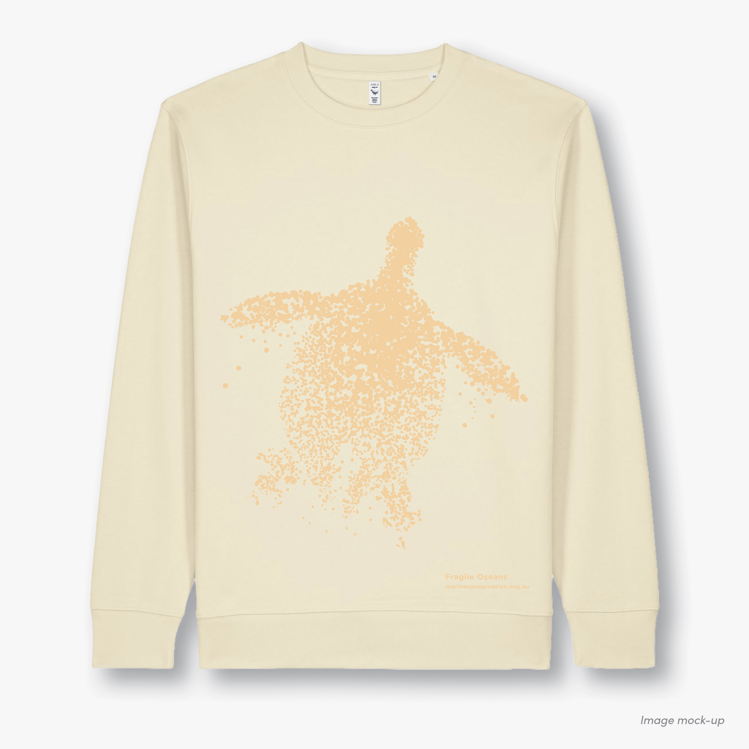 Fragile Oceans pale yellow, organic cotton sweatshirt with a light orange screen print of a turtle.