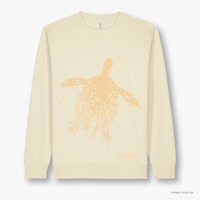 Fragile Oceans pale yellow, organic cotton sweatshirt with a light orange screen print of a turtle.