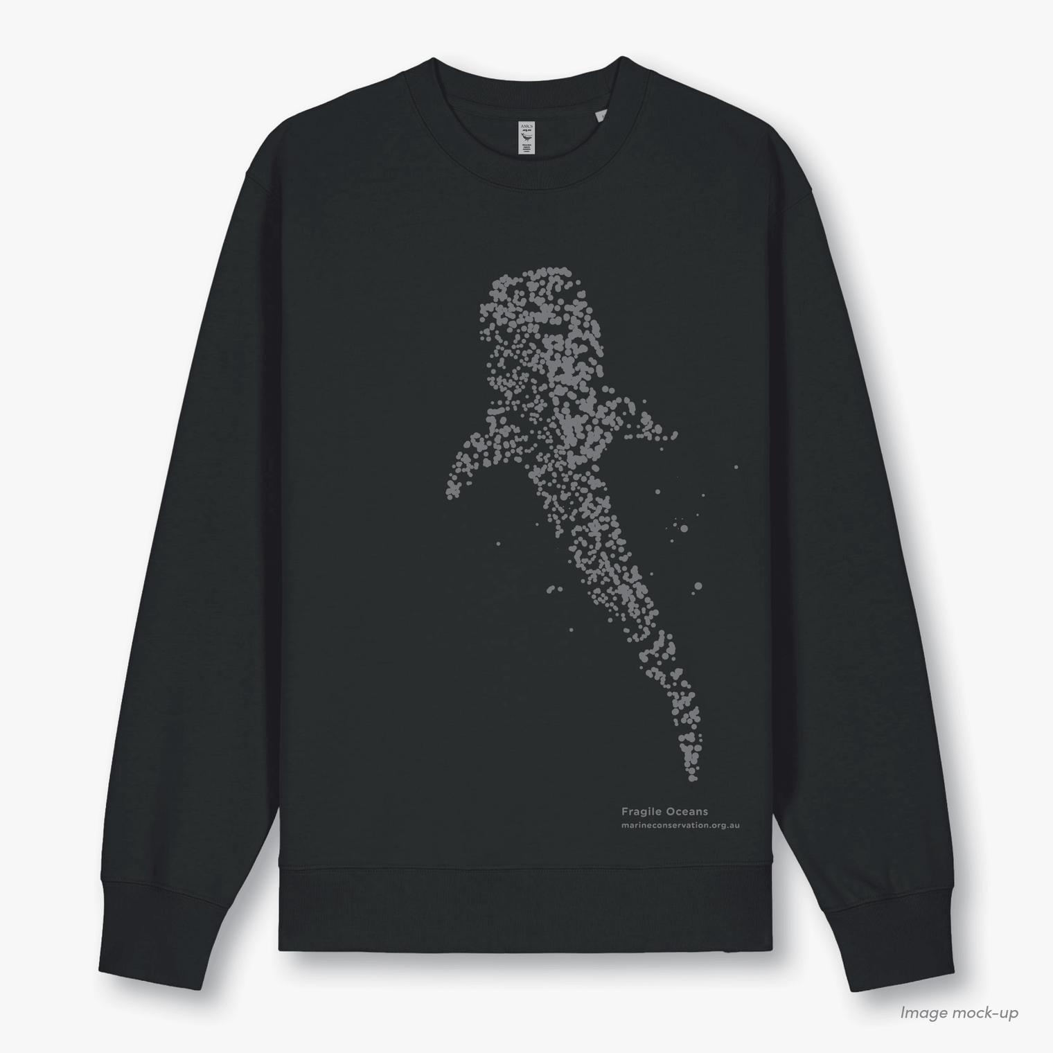 Fragile Oceans black, organic cotton sweatshirt with a light grey screen print of a whale shark.
