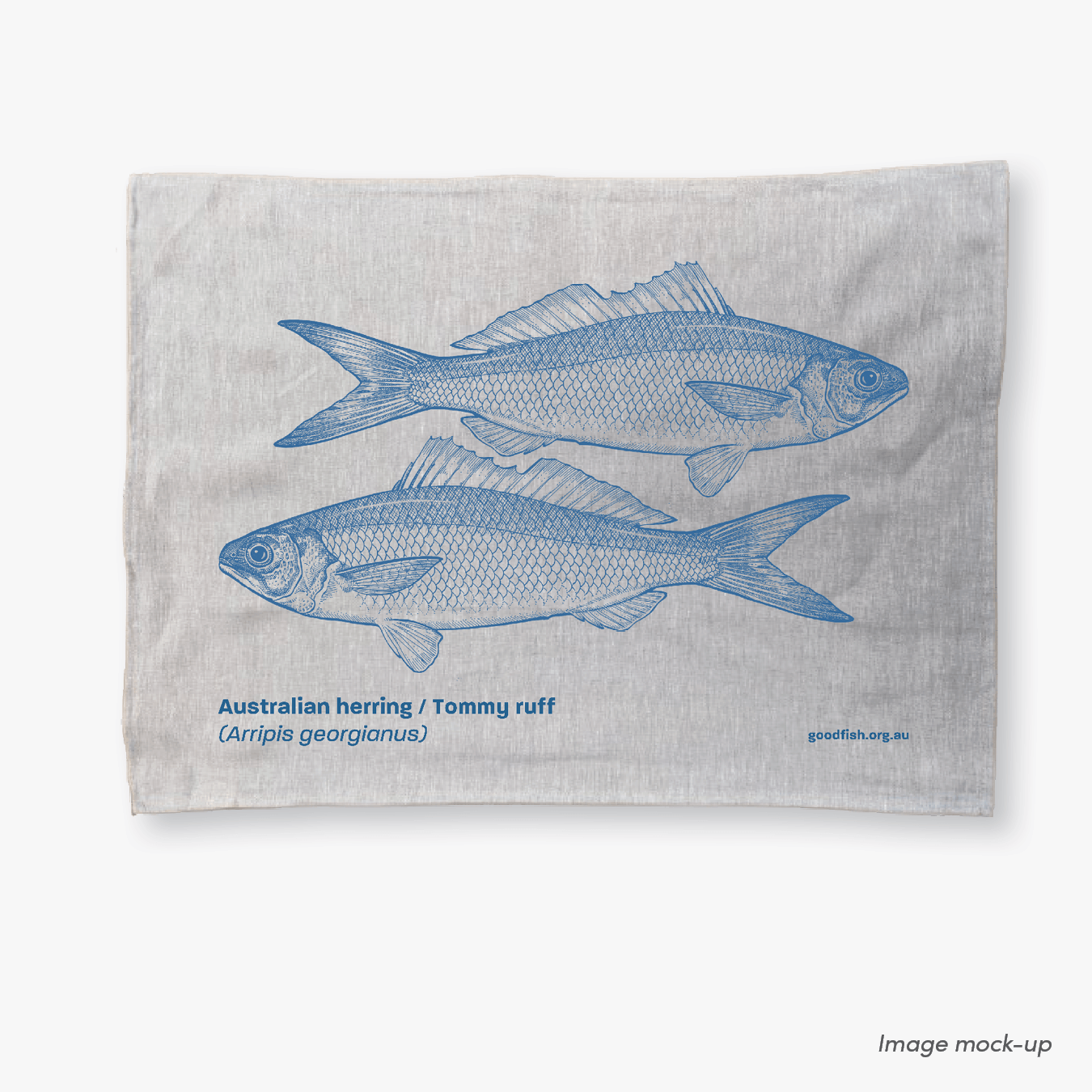 GoodFish oatmeal linen tea towels with a blue screen print of two Australian herring / Tommy ruff.