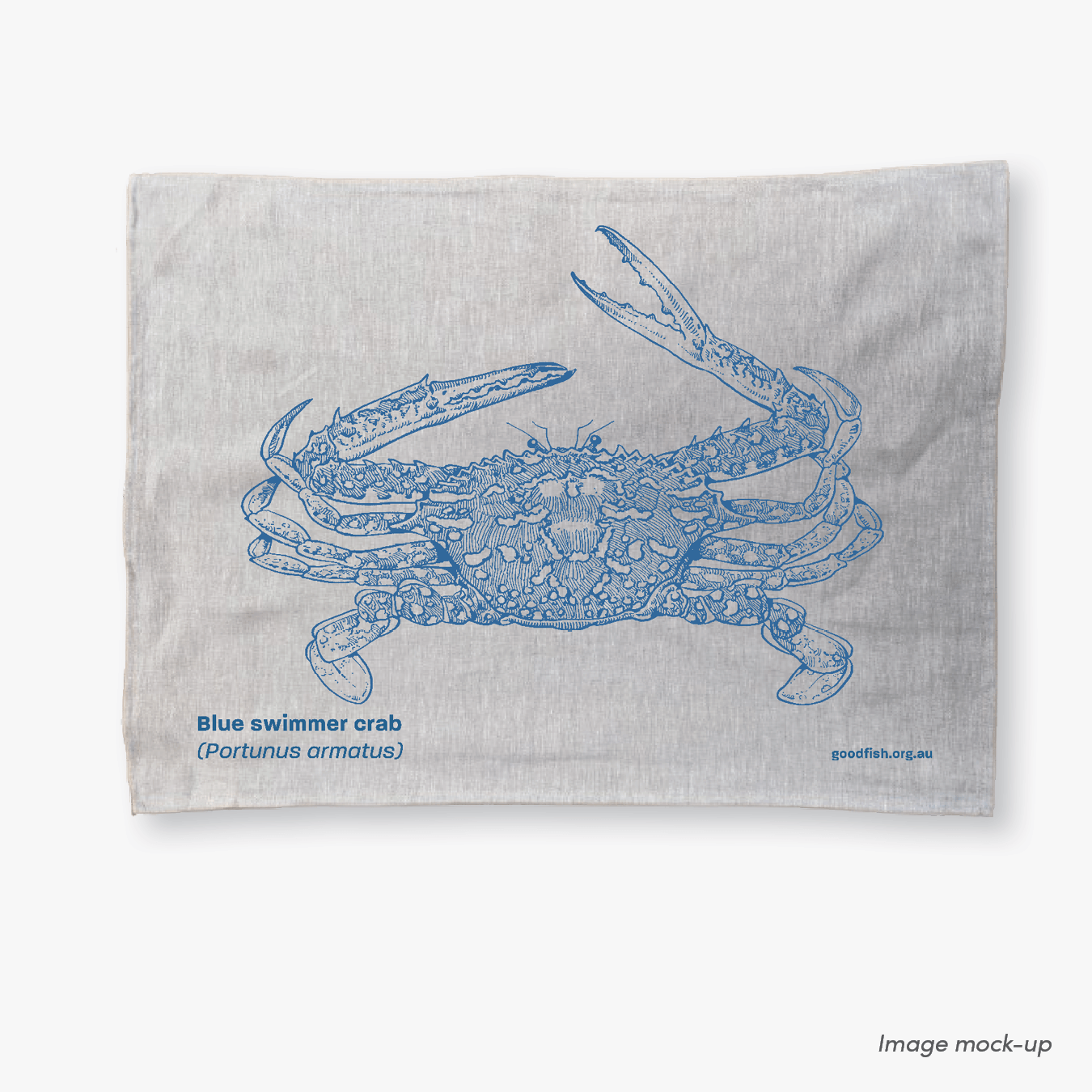 GoodFish oatmeal linen tea towels with a blue screen print of a blue swimmer crab.