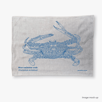 GoodFish oatmeal linen tea towels with a blue screen print of a blue swimmer crab.