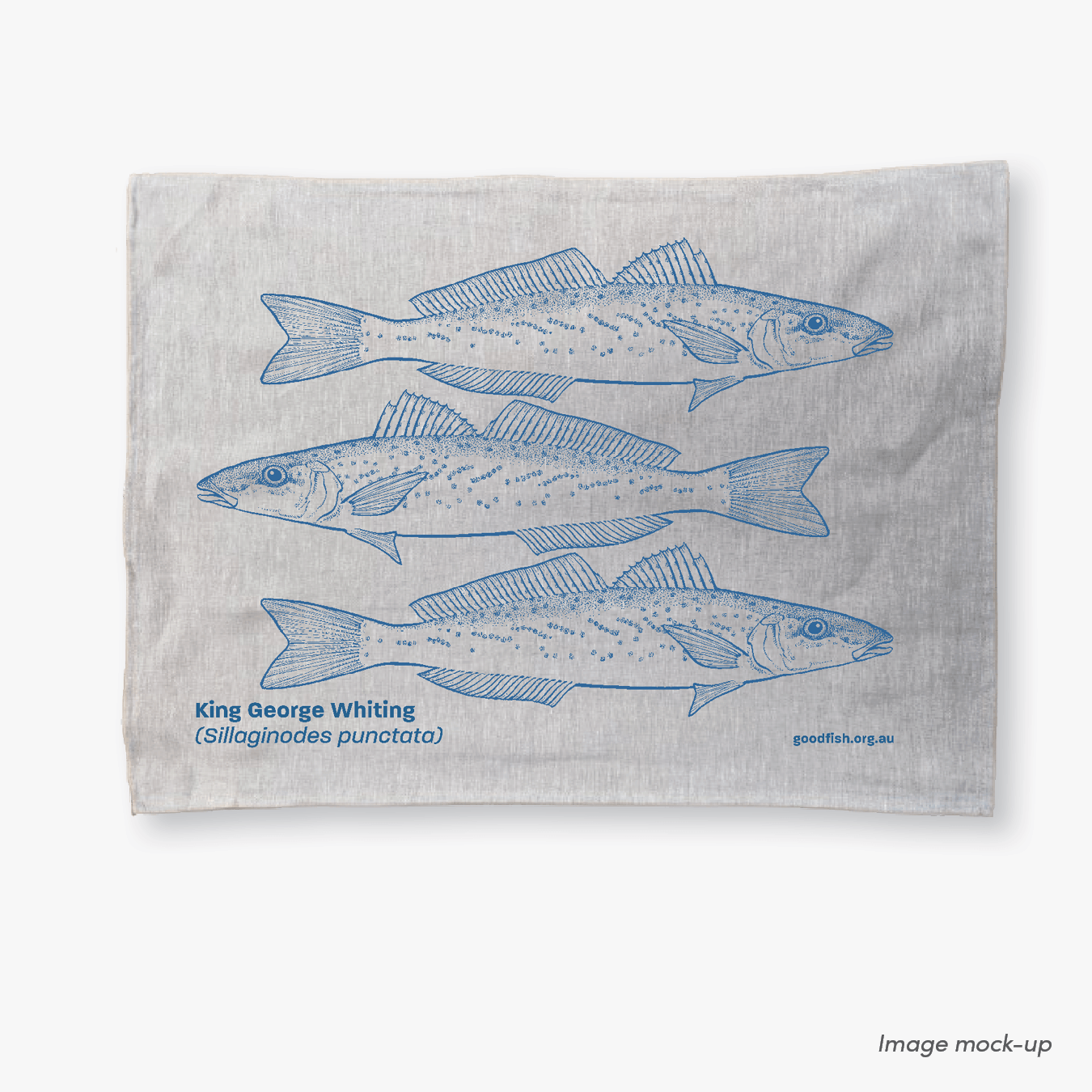 GoodFish oatmeal linen tea towels with a blue screen print of three king george whiting.