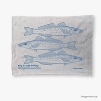 GoodFish oatmeal linen tea towels with a blue screen print of three king george whiting.