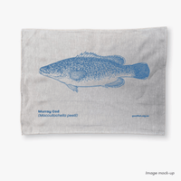 GoodFish oatmeal linen tea towels with a blue screen print of three king george whiting.