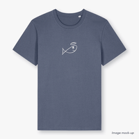 GoodFish organic cotton grey-blue t-shirt with a white screen print of the GoodFish logo (front).