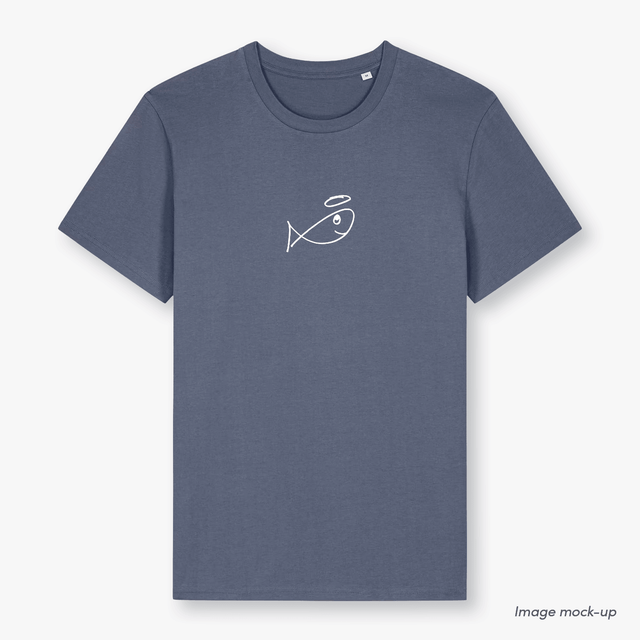 GoodFish organic cotton grey-blue t-shirt with a white screen print of the GoodFish logo (front).