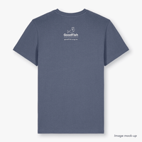 GoodFish organic cotton grey-blue t-shirt with a white screen print of the GoodFish logo (back).